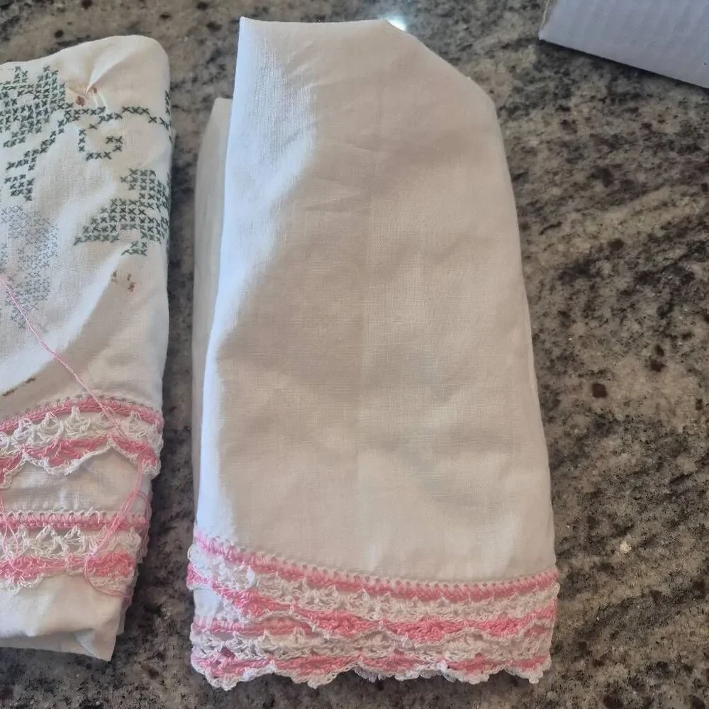 Pillowcases (2), White Cotton, Vintage Pink Variegated Crochet Cross Stitch Star